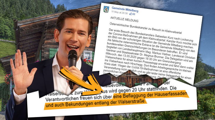 In der Gemeinde Mittelberg wurde anlässlich des Kurz-Besuchs dazu aufgerufen, die Häuserfassaden zu schmücken und zu Jubeln.